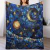 1pc Vintage Moon and Stars Sky Print Flannel Plush Blanket  Hypoallergenic Polyester, All-Season Lightweight Warmth