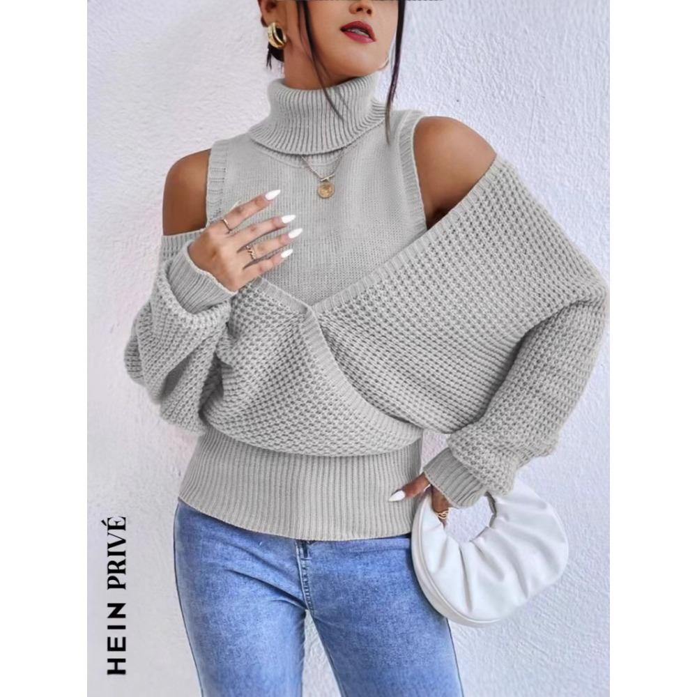 

Осень и Зима Высокий воротник С открытыми плечами Нежный стиль, Высококлассный однотонный Вязаный двухслойный дизайн, Свитер с длинными рукавами для женщин S серый