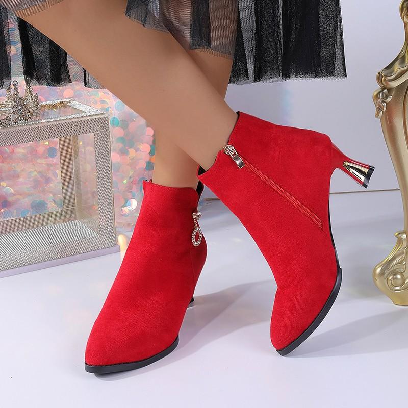 New thin-heeled mid-heeled pointed fleece boots and bare boots in autumn and winter, short tube, solid color high heel.