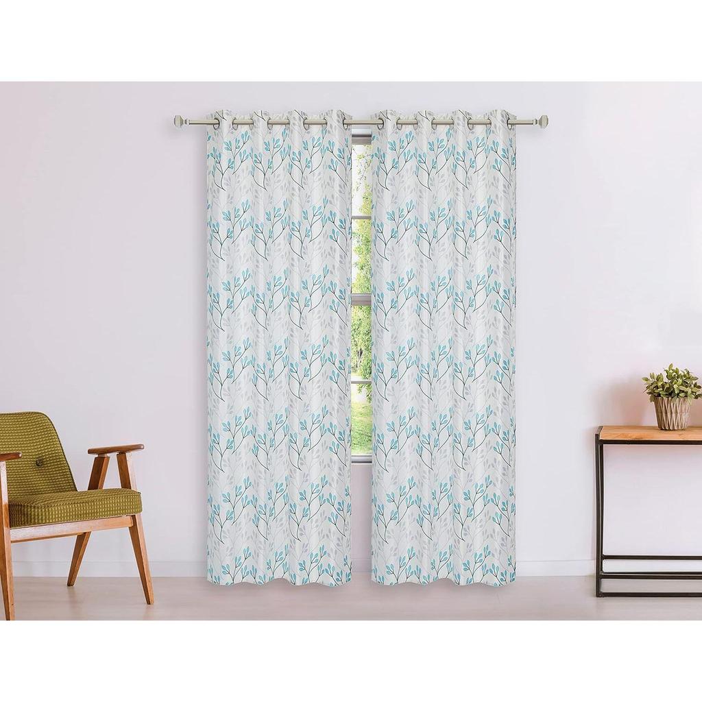 Pack of 2 Polyester Leaf Print Window Curtain Regular Print 135 GSM , White & Blue