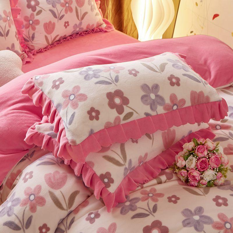 Winter Milk Velvet Pillowcase Thickened Pair Set 48x74 Student Dormitory Lace Printed Female Pillowcase