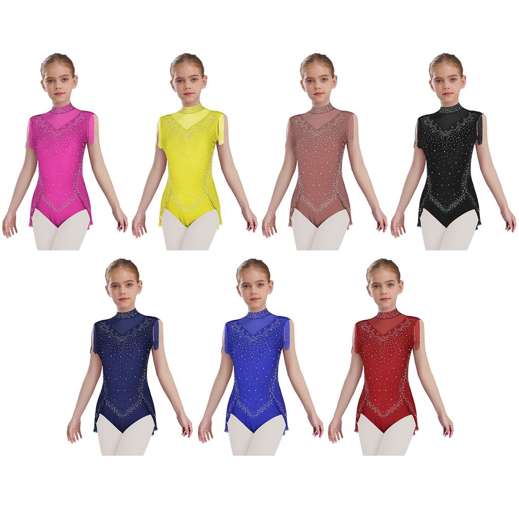 Jenter Glitrende Rhinestones Danse Leotard Mock Neck Ermeløs Usynlig Glidelås i Ryggen Gjennomsiktig Netting Skjørt Bodysuit