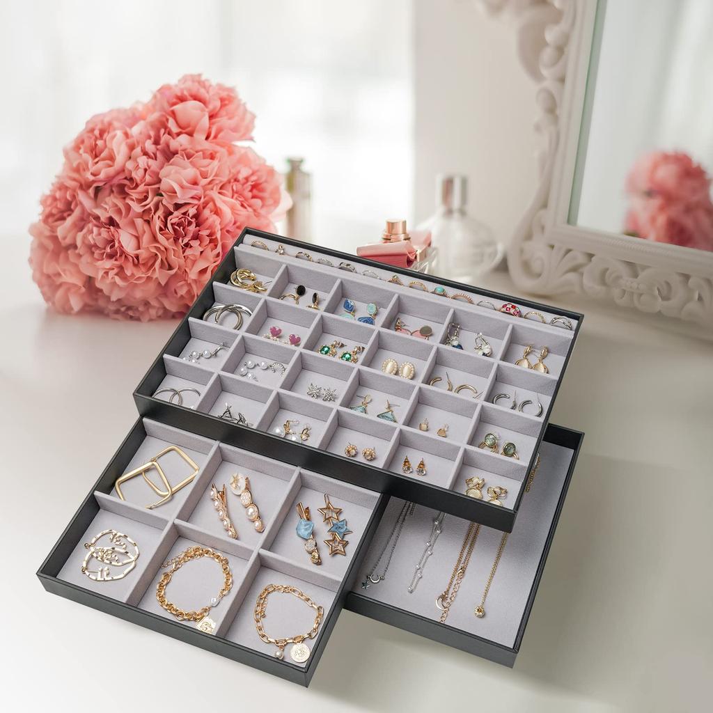 ProCase Jewelry for Accessory with Black Tray, 3-Pack, Stackable, Vanity/Dresser Drawers, Case, Display, Dividers,