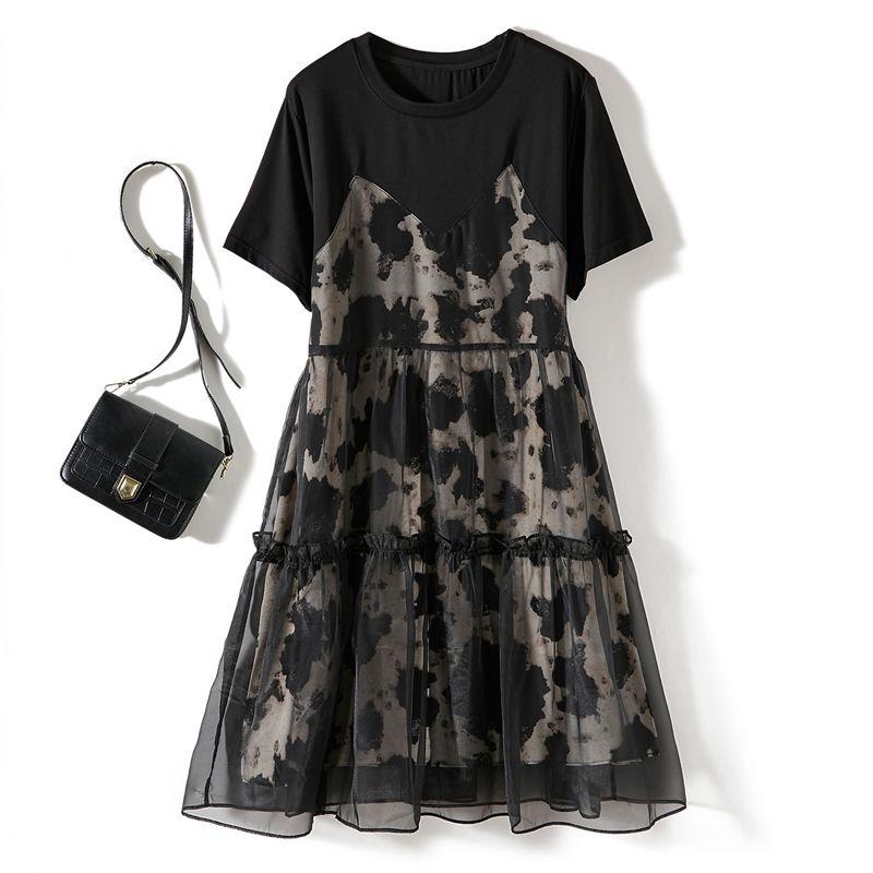 

Attached Organza Hollow Craft Fake Two-Piece Skirt! Girlish Summer round Neck Short sleeve Small A Word Dress New Black 4XL