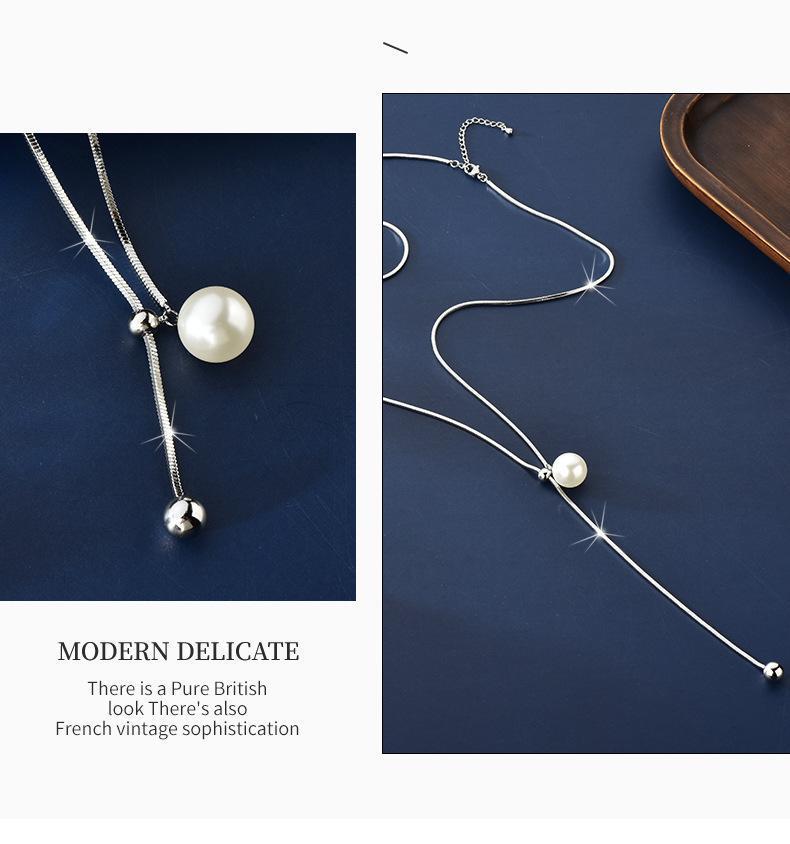 Titanium Steel Pearl Pendant Necklace for Women - Elegant Long Necklace for Autumn and Winter Sweaters