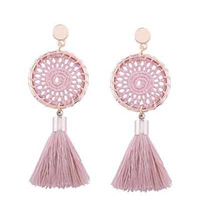 Women Bohemian Style Handmade Woven Round Hollow Long Tassel Pendants Earring NE