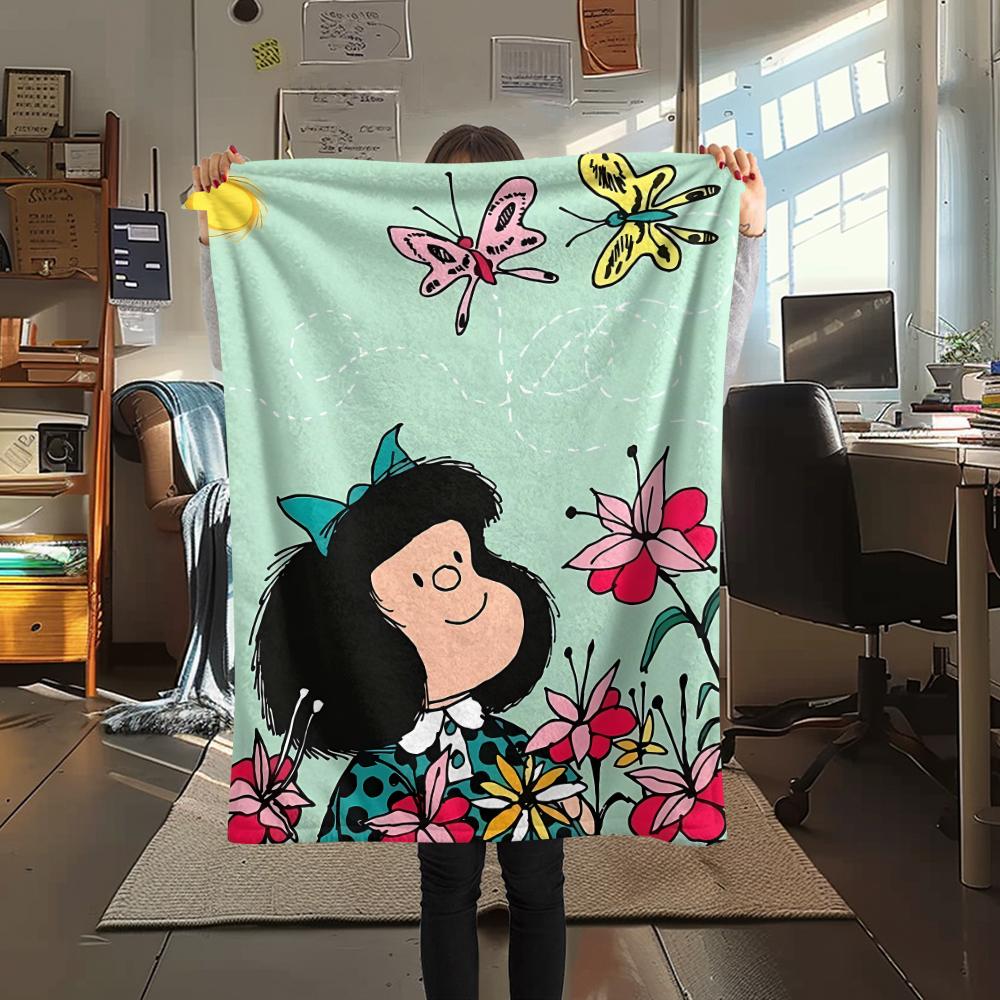 1Pc Mafalda Print Flannel Blanket, High quality Comfortable for All Seasons, Home Decor, Warmth and Comfort, Perfect for Gifts