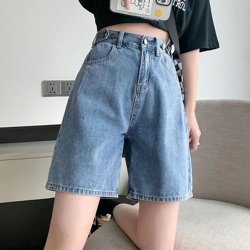 Damen Sommer Jeansshorts Übergröße Designgefühl Hohe Taille Gerade Hose Locker Weitbein Fünf-Punkt-Hose