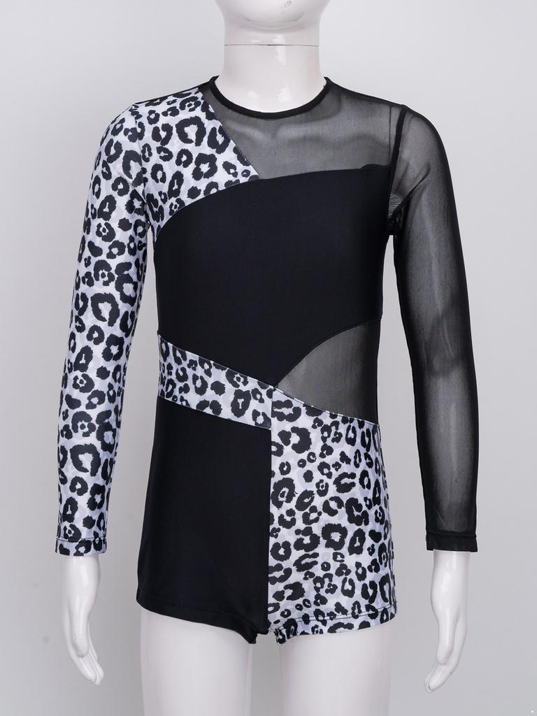 Kids Girls Athletic Sport Gymnastic Leotard Dance Unitard Floral Long Sleeve Bodysuit Shorts Jumpsuit