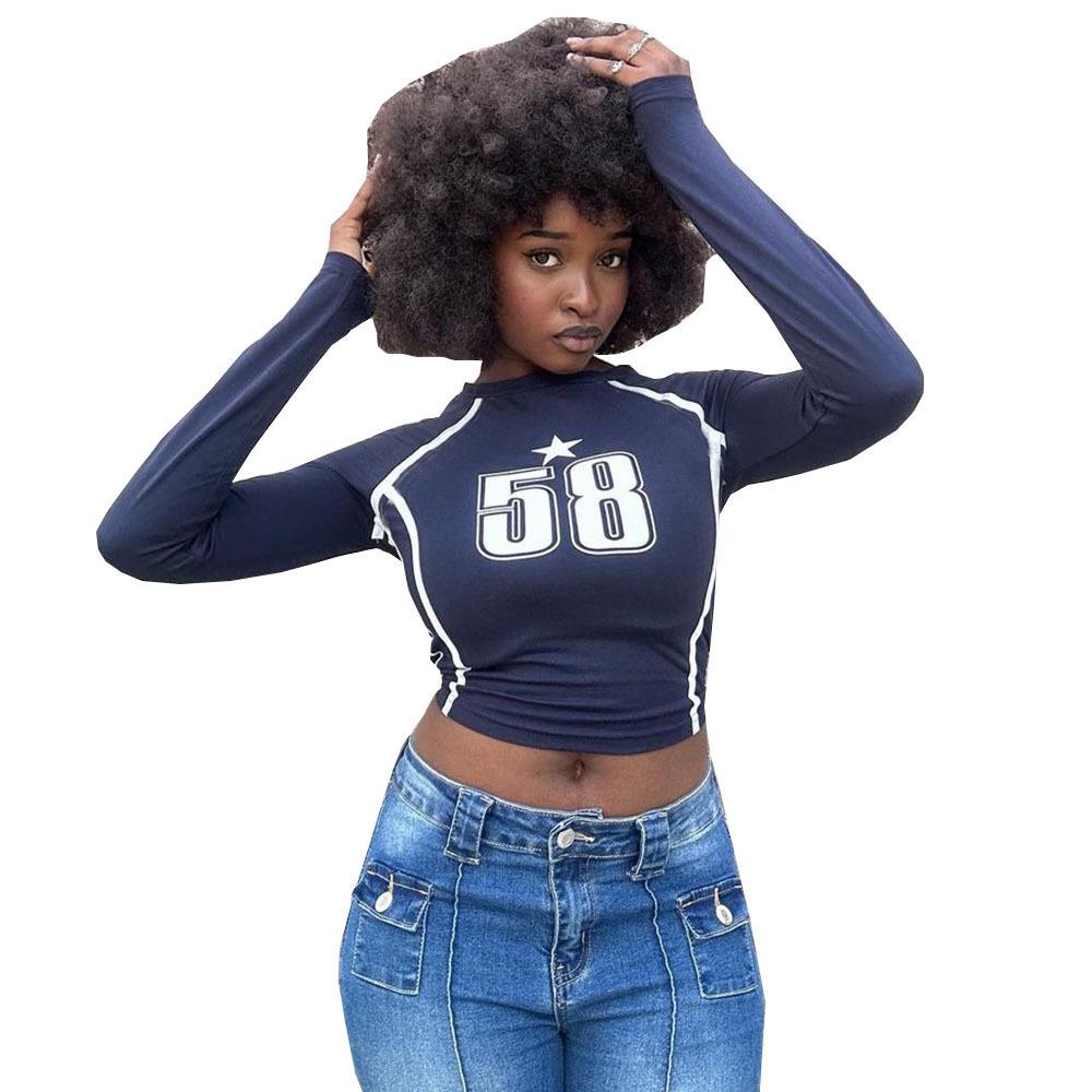 Spice Girl Style European and American Trend Women's T-Shirt Waist Versatile Skinny Printed Long Sleeve Top T-Shirt Women
