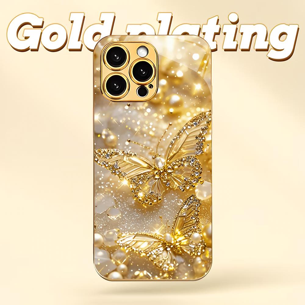 Golden Butterfly Design Electroplated Glass Phone Case Suitable for iPhone17 16 15 14 13 12 11Pro/Max/Plus Shockproof Back Cover