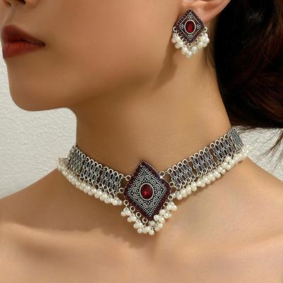 1Set Vintage Gemstone Pearl Jewelry Set Ethnic Style Daily Match Necklace Earrings Ring Luxury Elegant Party Accessories Gifts