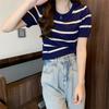Striped Knitted Short-sleeved Shirt Women's Summer New Design Sense Niche Slim-fitting and Thin Shoulder Short Top