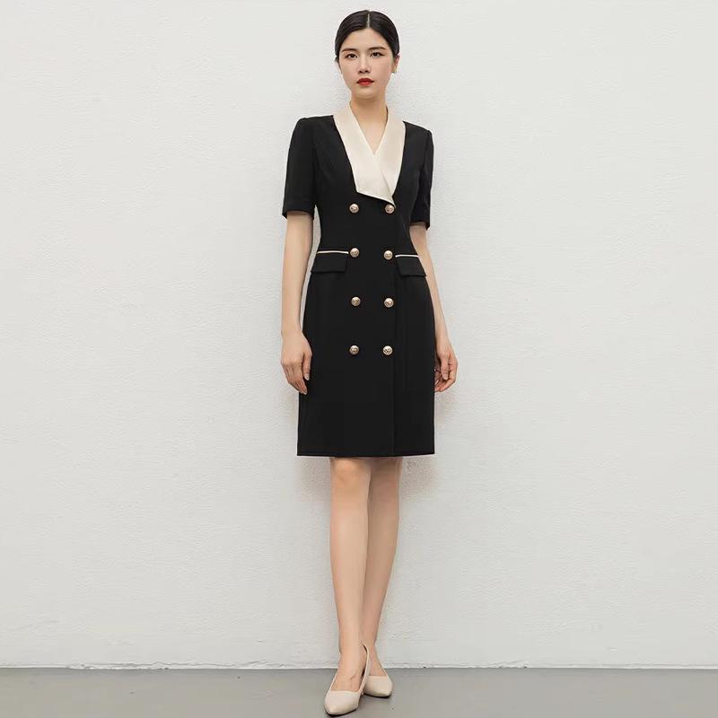 

Stylish Summer Short Sleeve Double-Breasted Color Block Women s Dress XXL