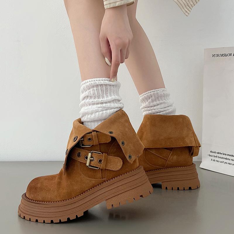 Fashion New High Quality Pleated Boots Women Nude Faux Suede Mid Boots Ladies Retro Buckle Thick Soled Autumn Winter Comfort Short Boots