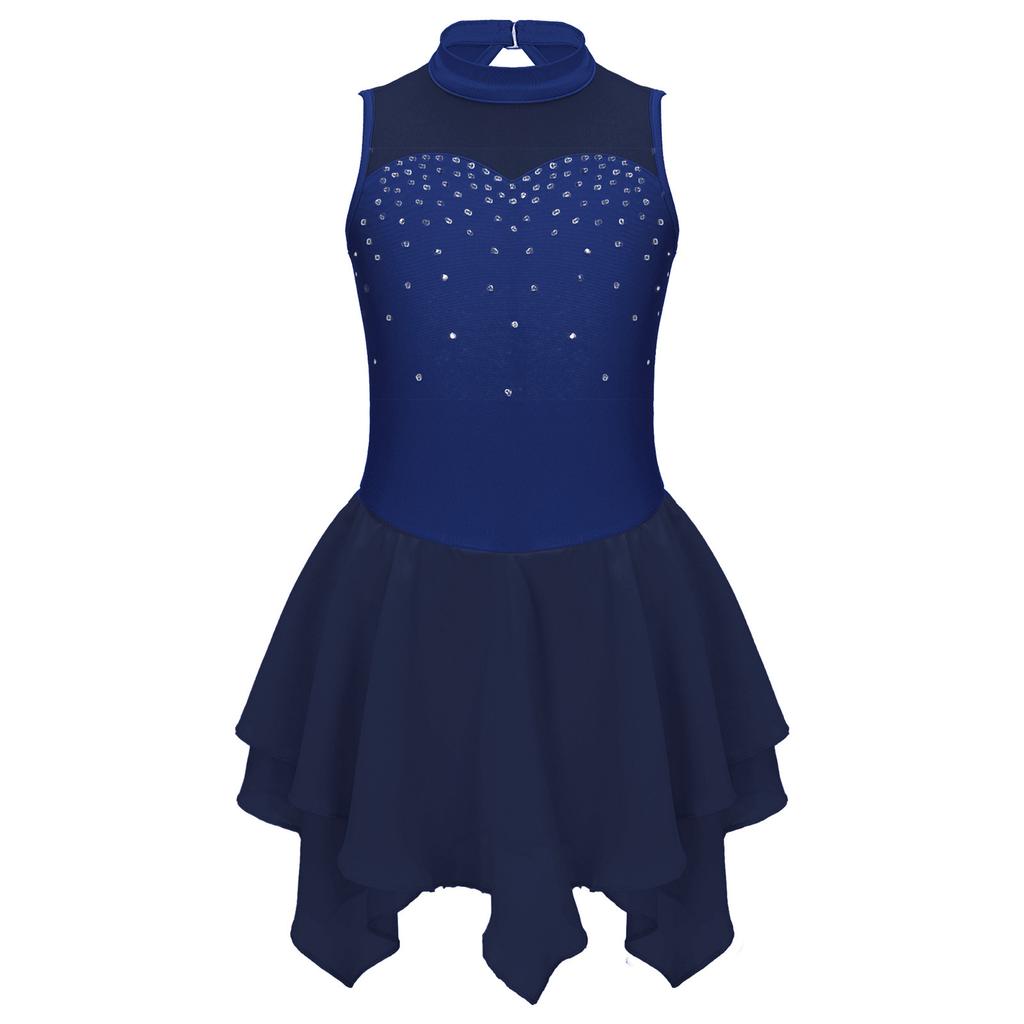 Girls Shiny Rhinestone Dance Dress Spandex Mesh Patchwork Sleeveless Round Collar Hollow Back Performance Costume