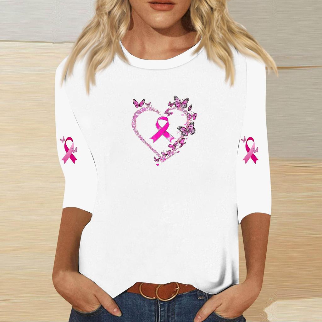 Women's Casual Printed Top with Heart and Butterfly Design, Round Neck, Three-Quarter Sleeves, Loose Fit