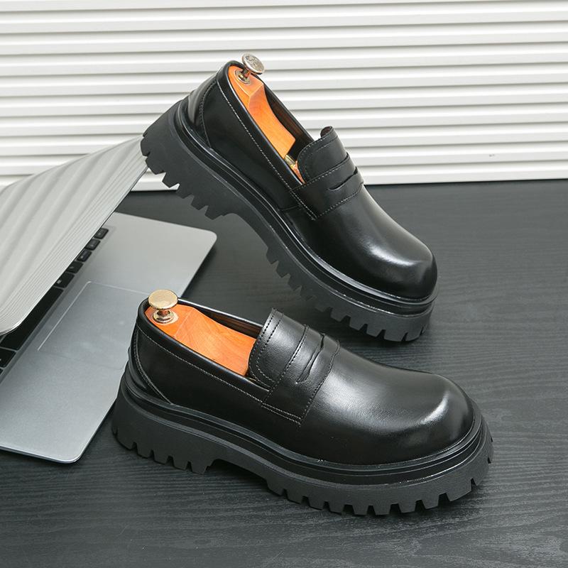 Spring Men's British Thick-Soled Leather Loafers: Trendy Casual Slip-On Shoes