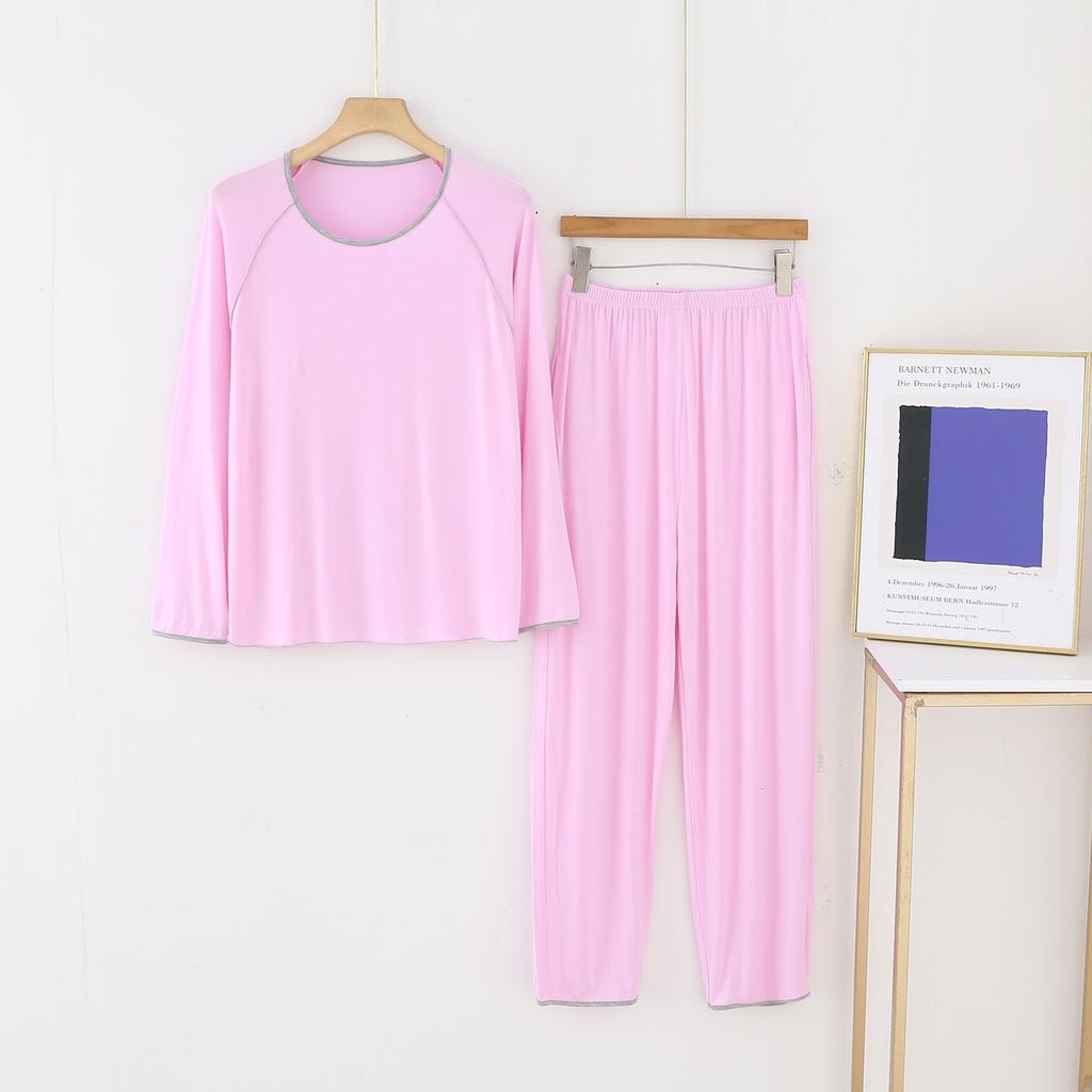 Solid Color Modal Women's Sleepwear Four Season Long Sleeved Pants Round Neck Pullover Home Suit Set with Fashionable Splicing