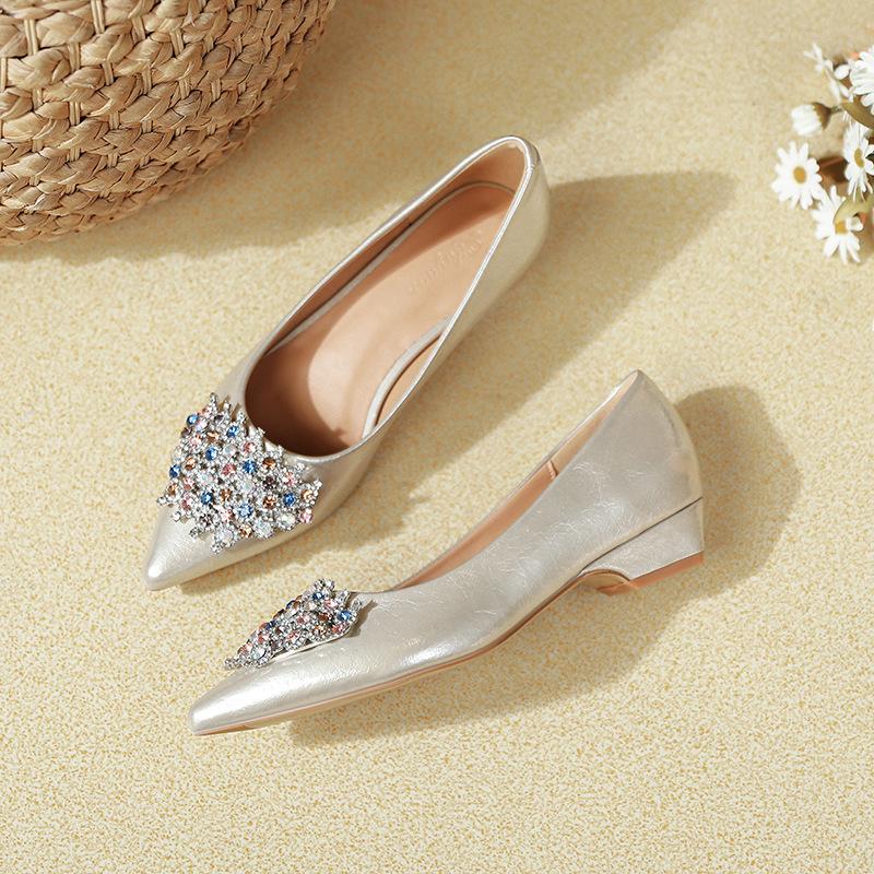 2025 new fashionable colored rhinestone pointed head shallow mouth single shoes women's thick heel soft leather not tired feet comfortable low