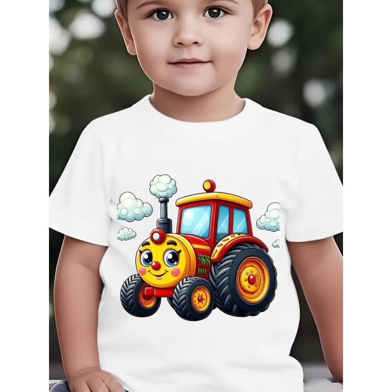 European sizes Cute Cartoon Tractor Print Short-Sleeve T-Shirt for Baby Boys, Summer Clothing for Infants Aged 0-3 Years, Round Neck Tee