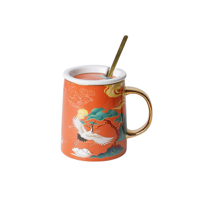 Creative National Tide Style Festive Mug With Spoon And Lid  Personality Ceramic Cup Chinese Style Couple Coffee Water Cup