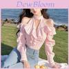 Romantic Pink Striped Off Shoulder Blouse With Ruffle Design For Spring Ladies Wear