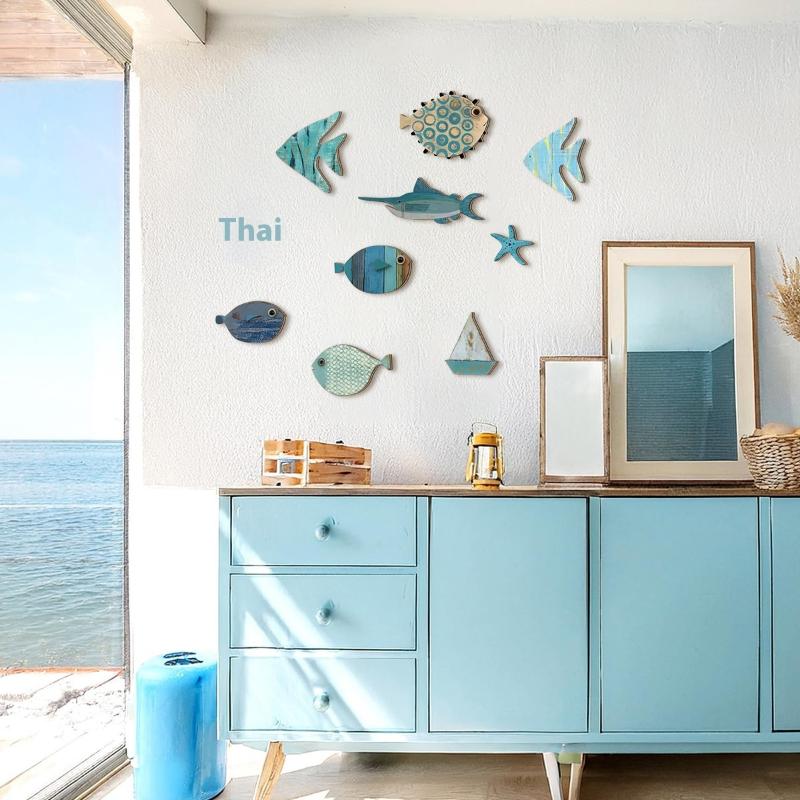 10Pcs/Set Fish Wall Decor Wooden Fish Hanging Beach Theme Bathroom Art Nautical Coastal Ocean Home Decoration
