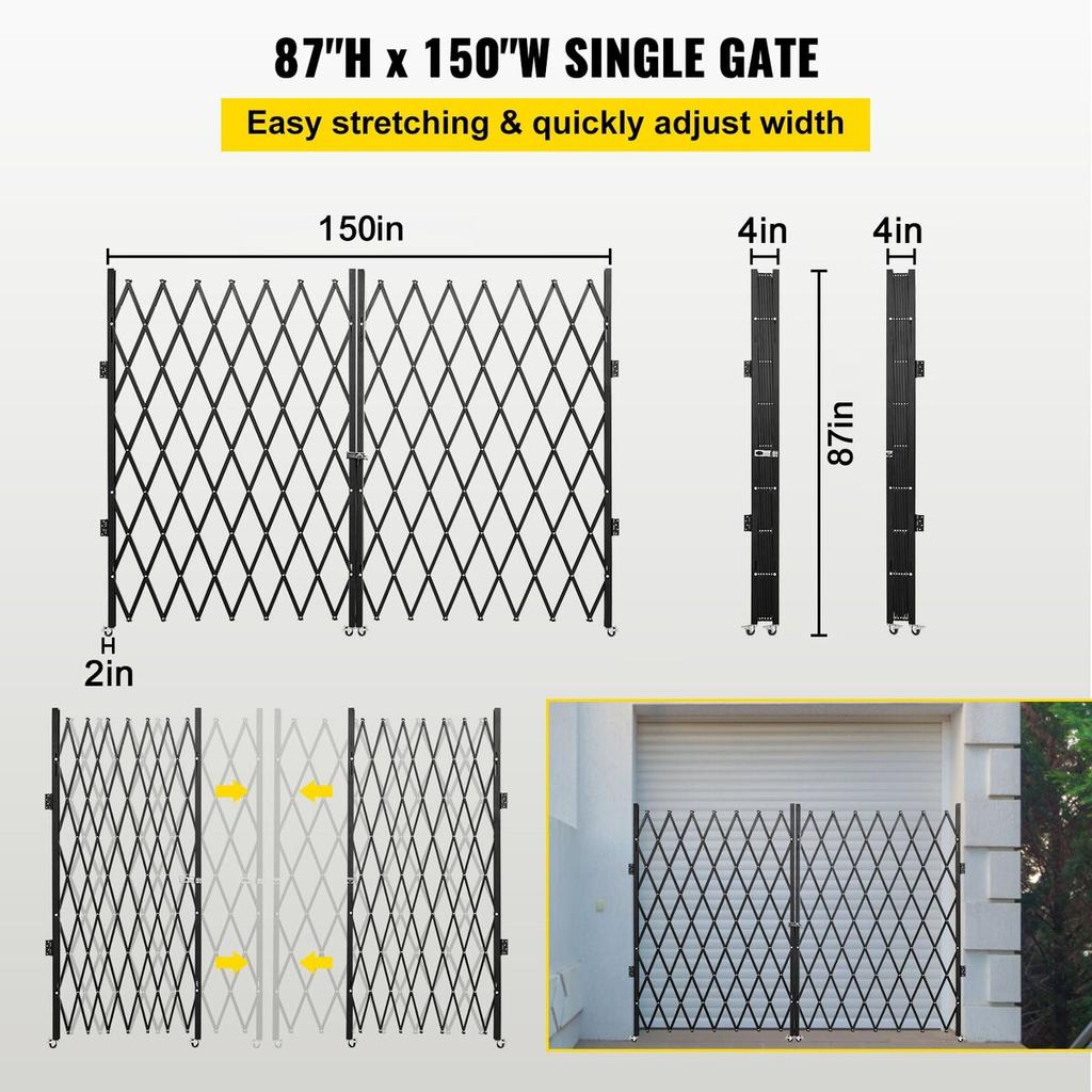 Double Folding Security Gate, 6-1/2' H X 12' W Folding Door Gate, Steel Accordion Security Gate, Flexible Expanding Security Gate, 360° Rolling