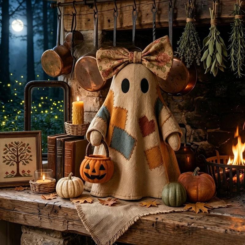 Patchwork Ghost Halloween Decor, Spooky Fun Indoor Outdoor Tabletop Ornament for Party and Home