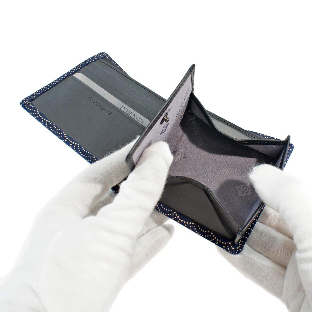 [Inden-ya] Inden Bifold Wallet with Small Bill Compartment and Box-Shaped Coin Purse, Deerskin Leather, Navy Blue with White Lacquer, Seigaiha