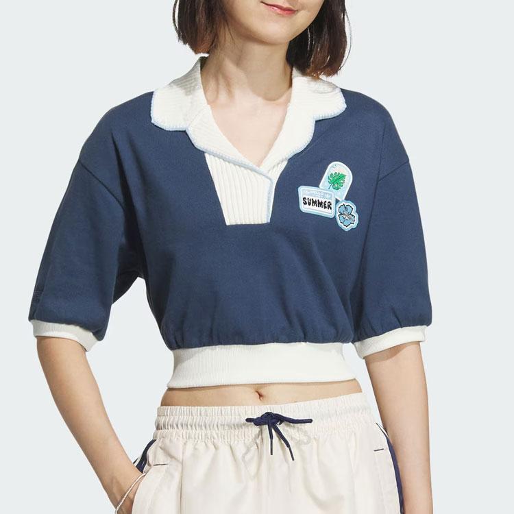 Adidas Originals Letter Block Comfort Casual Sports Polo Shirt Women Tops Navy White IW6300