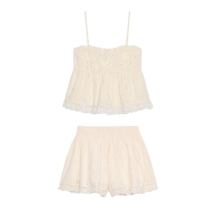 Embroider Elastic Straight Collar Sling Tops 0881048 Embroider Fashion Comfort and Casual Shorts 0881403