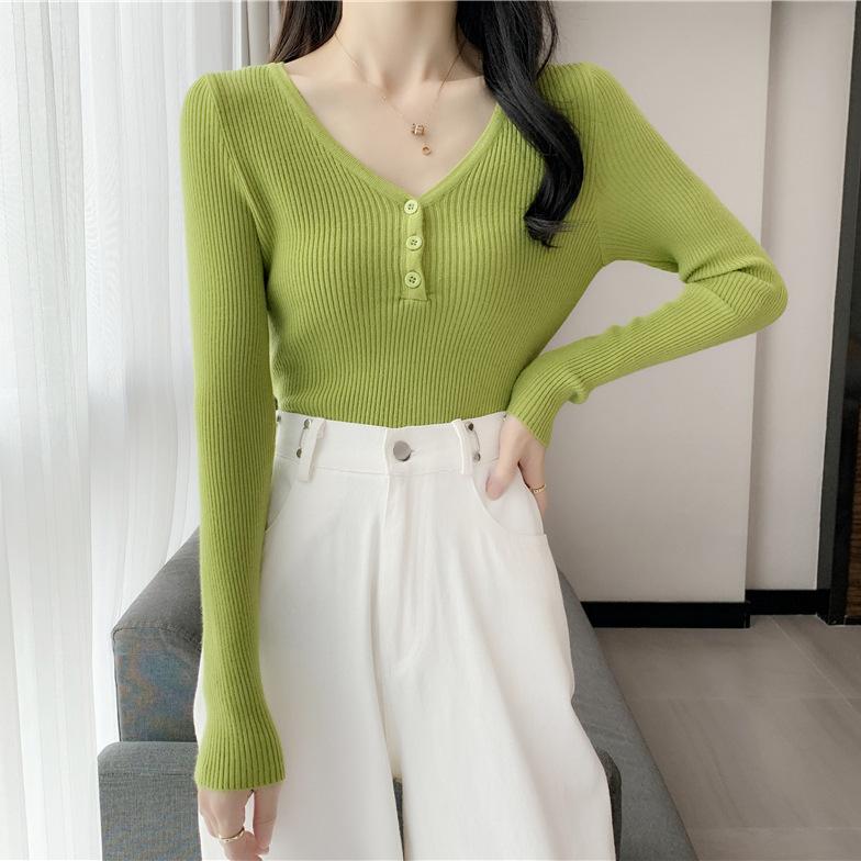 

Core-spun yarn, spring, autumn and winter V-neck slim-fit solid-color long-sleeved solid-color knitted sweater, thin sweater, all-match women One size fits all зелений