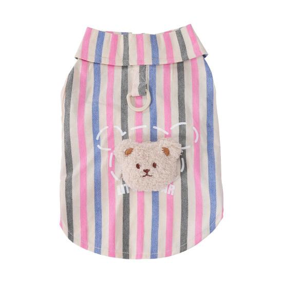 

Рубашка для питомца в полоску с пушистой пуговицей-медведем, с коротким рукавом, летняя, для щенков, дышащая футболка для маленьких и средних собак S розовый