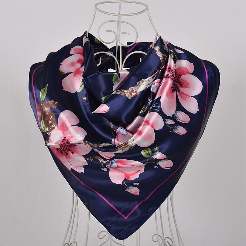 

BYSIFA|Navy Blue Pink Silk Square Scarf Printed Women Brand Satin Scarves Shawls China Style Peach blossom Design Head Scarf 90cm-90cm