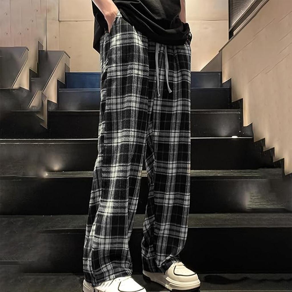 Men's Loose Comfortable Casual Fashion Tartan Print Wide Leg Pants With Drawstring