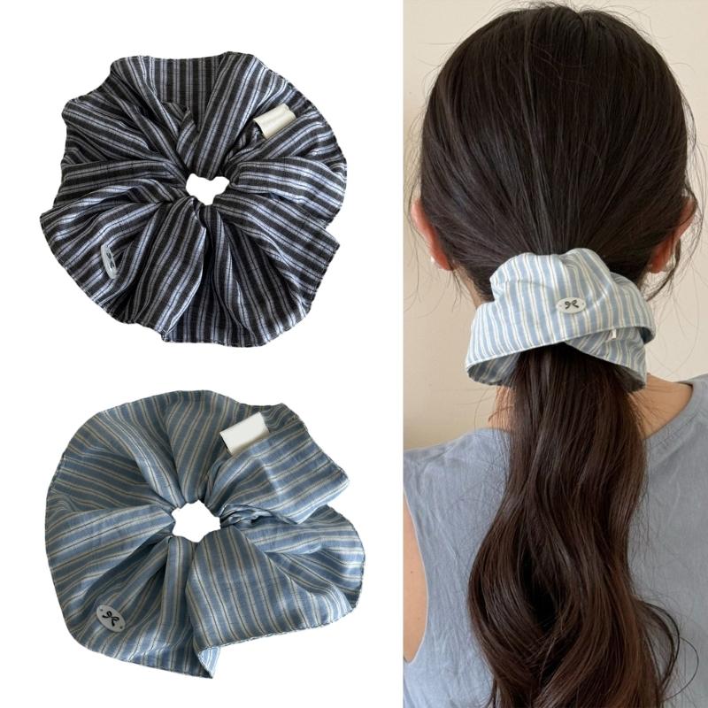 Blue Stripe Bows Scrunchie Hair Tie Soft Fabric Lightweight Hair Accessory For Women Girls Casual Sports Occasion