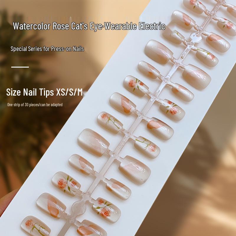 

Watercolor Bloom Rose Cat Eye Press-On Nails – Pre-Made Gentle Style Tips