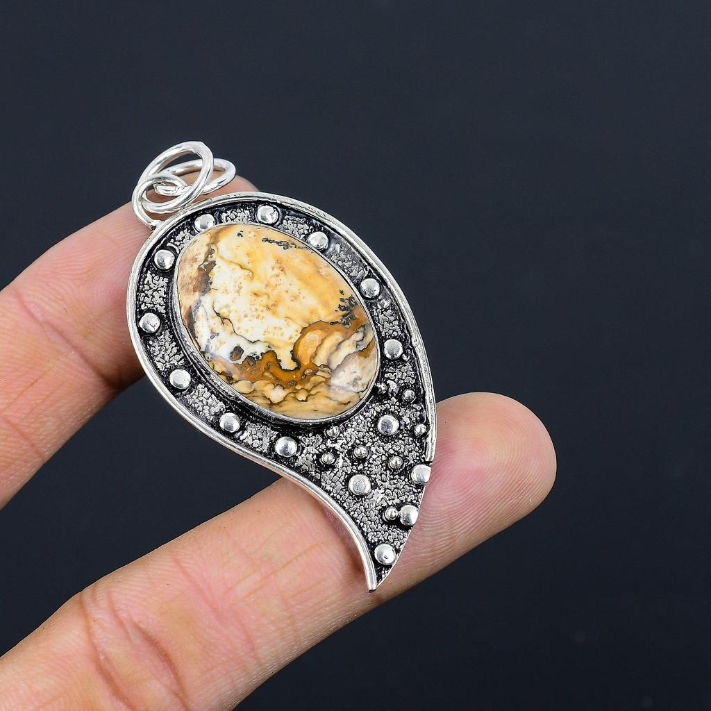 Oval Picture Jasper Gemstone Bezel Daughter Wedding Pendant Jewelry 925 Silver