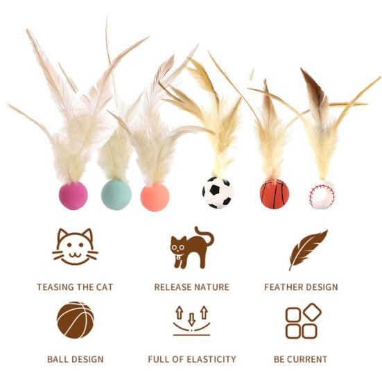 1 Pc/3 Pcs Interactive Feather Ball Toy Mini Bouncy Basketball Soccer Baseball with Feather Pet Training Catcher Toy for Indoor Cats