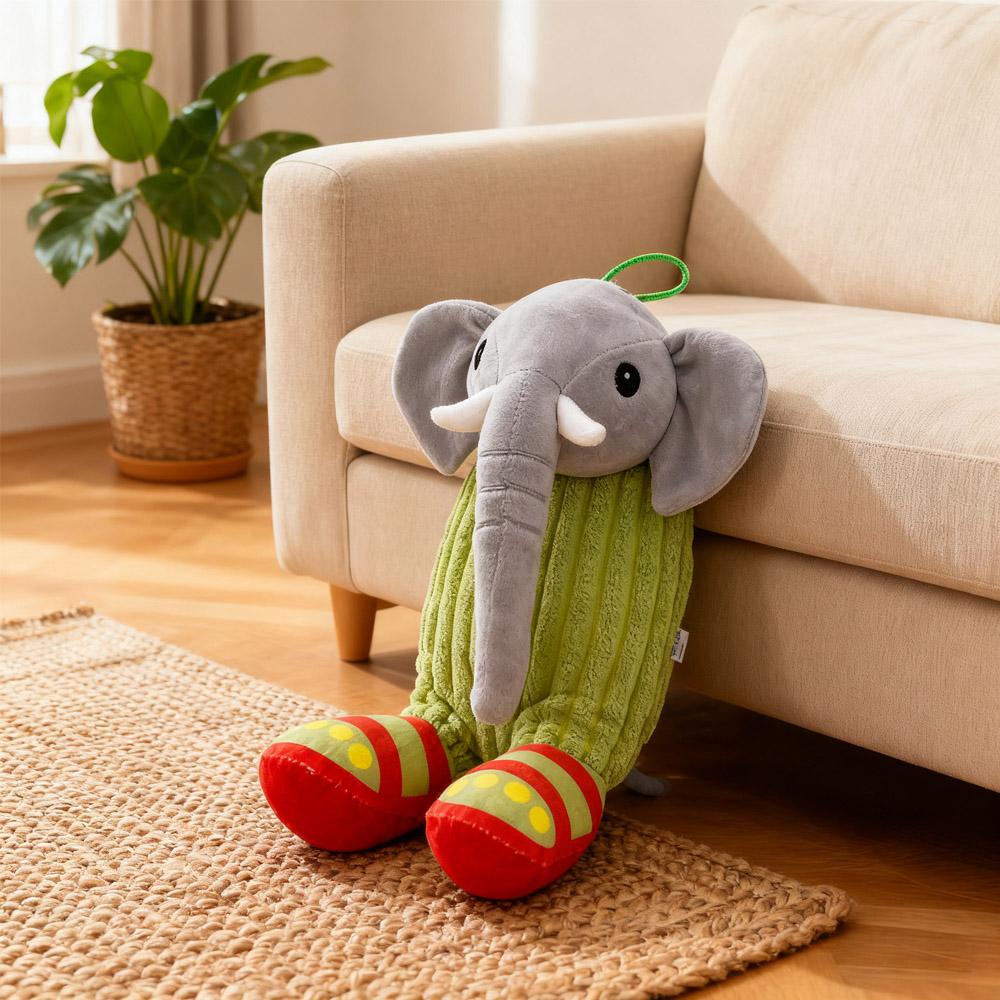 “Cartoon Stuffed Elephant Plush Toy Gray Head & Trunk with Green Striped Body Red-Yellow Polka Dot Feet