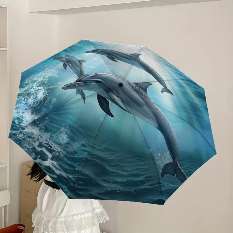 1pc Oceanic Dolphins Swimming Art Print Umbrella with Plastic Handle,Suitable for All Seasons Home Travel Outdoor UmbrellaDD352