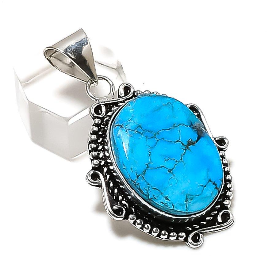 Natural Tibetan Turquoise Gemstone 925 Sterling Silver Pendant 1.85" ETC-14263