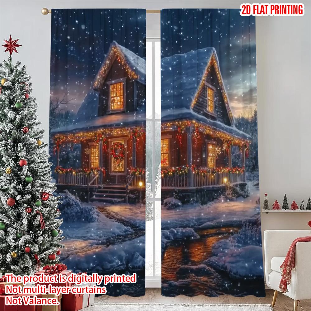 2pcs 2D flat printing Merry Christmas Curtain Christmas Lodge with Snowman Scenery Versatile 100% Polyester Without Electricity