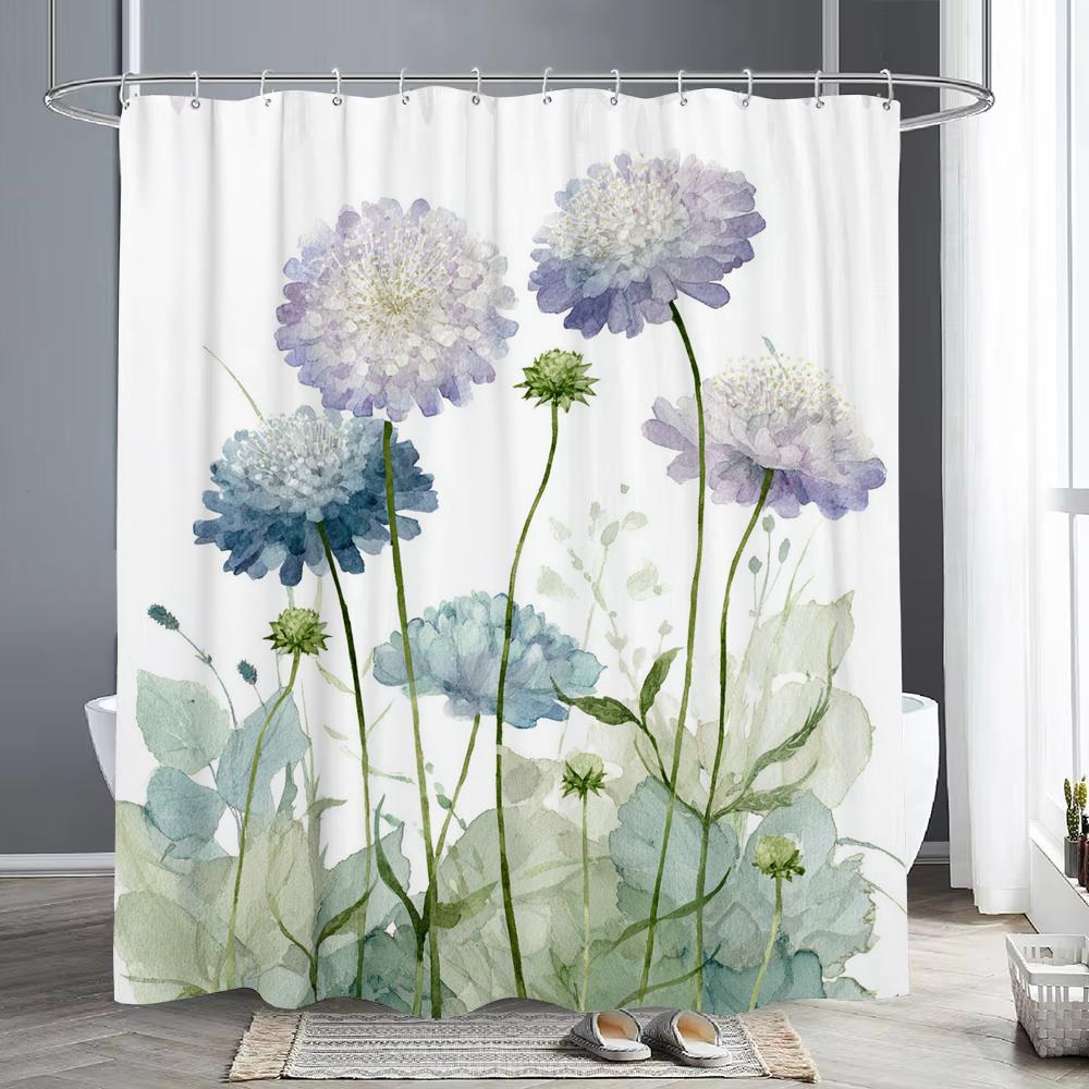 1pc Plant Purple Floral Shower Curtain, Bathroom Decorative Shower Curtain, Printed Polyester Fabric Shower Curtain with Hooks