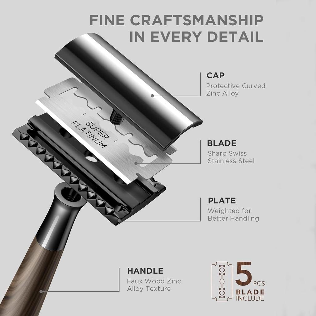 Classic Men's Safety Razor with Wood Grain Handle + 5 Blade Refills - Close Shaving for Wet Shaving Routine, Eco-Friendly Gifts for Men