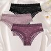 3Pcs Ladies' Sexy Lace Underwears Transparent Sexy Briefs Lace-Trimmed Comfortable Panties Cotton Breathable Crotch