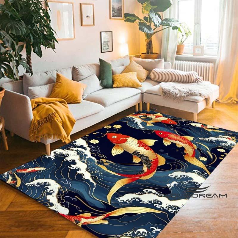 Tappeto Cartoon Lussuoso Pesce Koi Fortunato Yin Yang Carpa per Camera da Letto Soggiorno Divano Tappetino d'Ingresso Casa, Tappetino Pavimento Grande Antiscivolo per Bambini