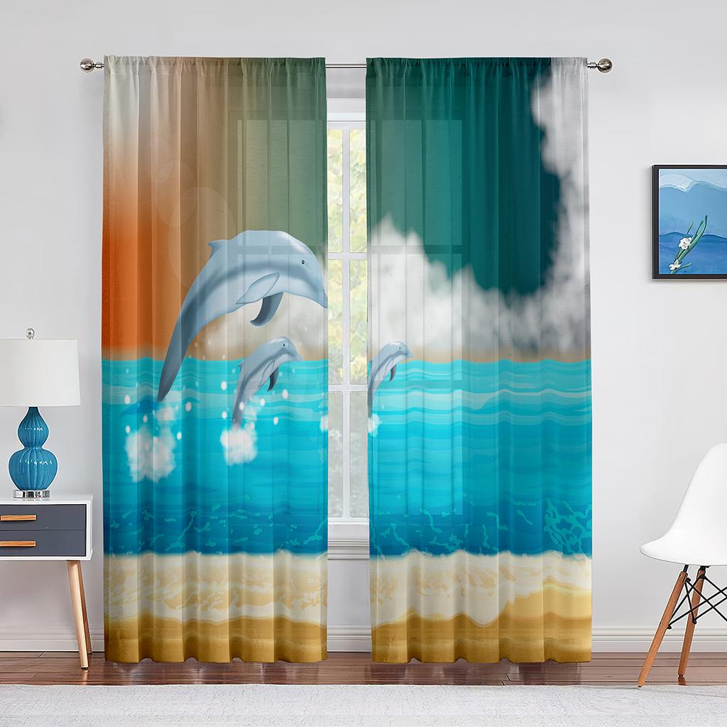 Cartoon Ocean Animal Sheer Voile Curtain Dolphin Sea Lion Whale Window Tulle Curtains for Living Room Kids Bedroom Kitchen Decor